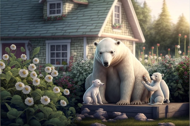 Un orso polare e i suoi cuccioli davanti a una casa