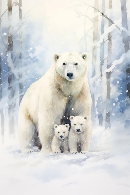 un orso polare e i suoi cuccioli nella neve