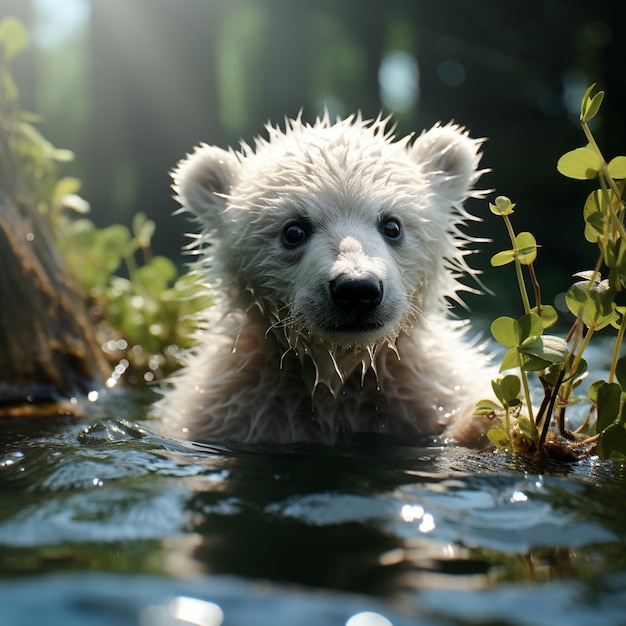 Un orso polare è nell'acqua con il sole che gli splende sul viso.