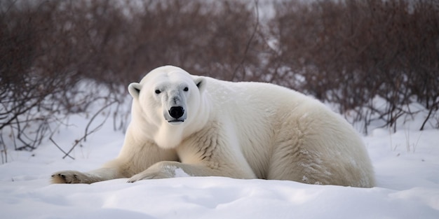 Un orso polare giace nella neve e la neve guarda la telecamera.