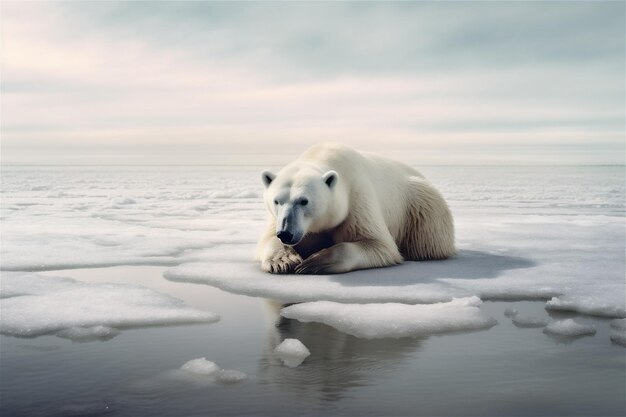 Un orso polare giace su un lastrone di ghiaccio con un cielo nuvoloso sullo sfondo.