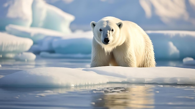 Un orso polare in acqua con il ghiaccio sullo sfondo