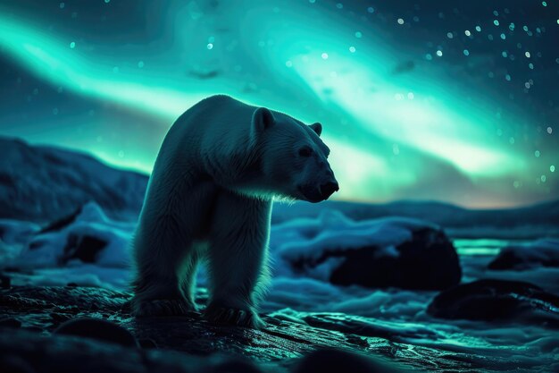Un orso polare nel bagliore etereo delle aurore boreali