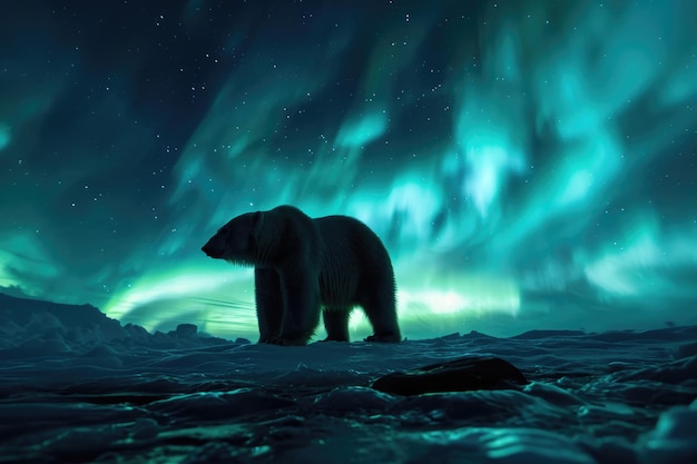 Un orso polare nel bagliore etereo delle aurore boreali