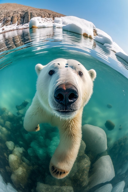 Un orso polare nuota nell'acqua.