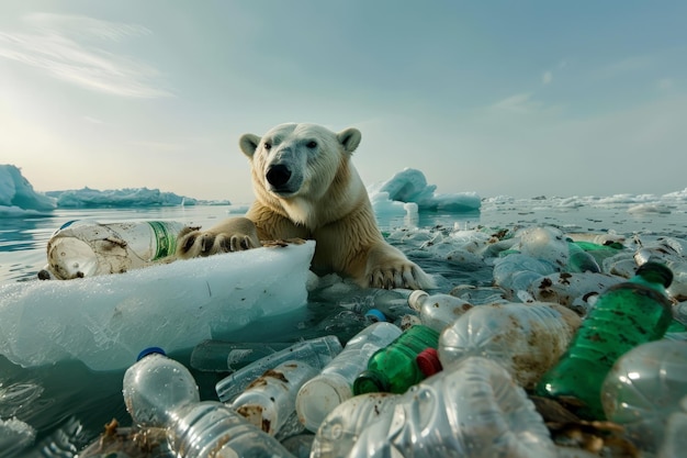 un orso polare seduto su un iceberg con bottiglie di plastica, spazzatura, inquinamento plastico