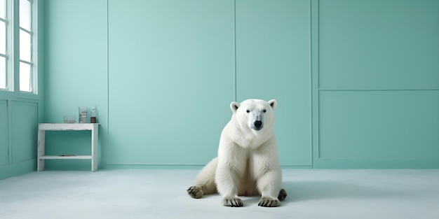 Un orso polare si siede davanti a un muro blu.