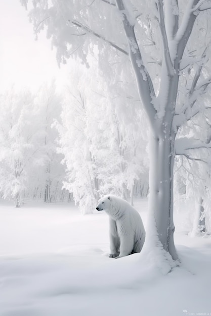 Un orso polare si trova in una foresta innevata.