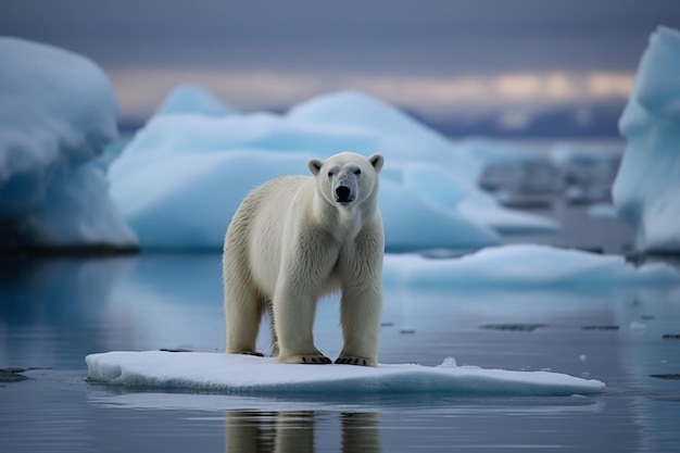 Un orso polare si trova su un lastrone di ghiaccio nell'Artico.