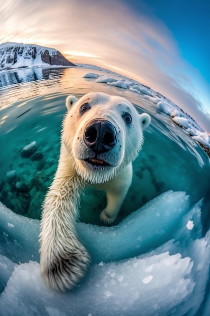 Un orso polare sta nuotando nell'acqua.