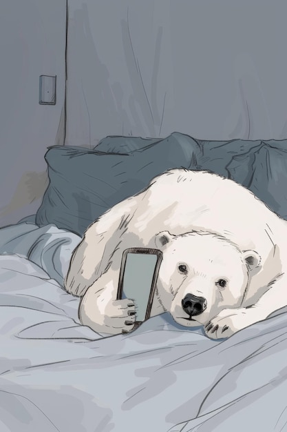 Un orso sdraiato sul divano e che guarda uno smartphone Illustrazione