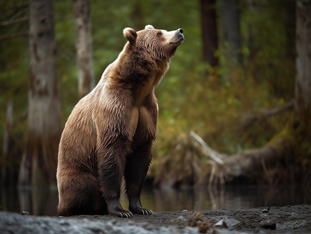 Un orso si siede su una roccia di fronte a una foresta.