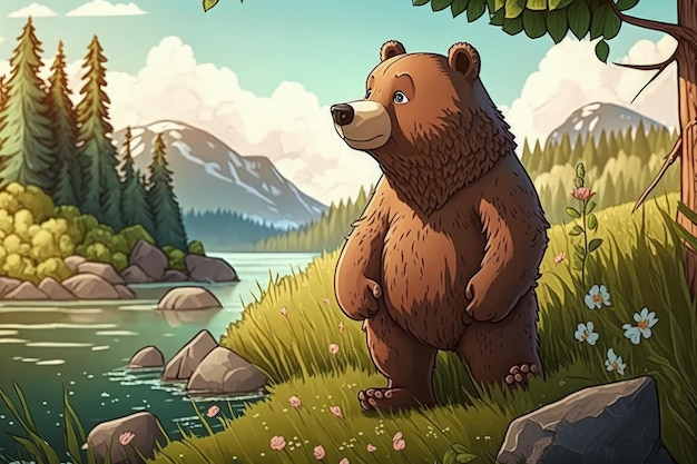 Un orso si trova di fronte a un lago e le montagne sono sullo sfondo.