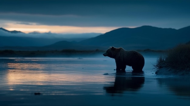 Un orso si trova in un lago al tramonto.