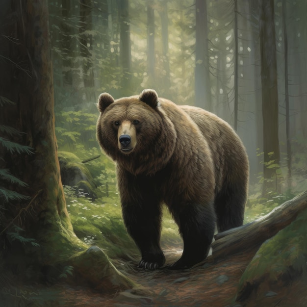 Un orso sta camminando attraverso una foresta con uno sfondo verde.