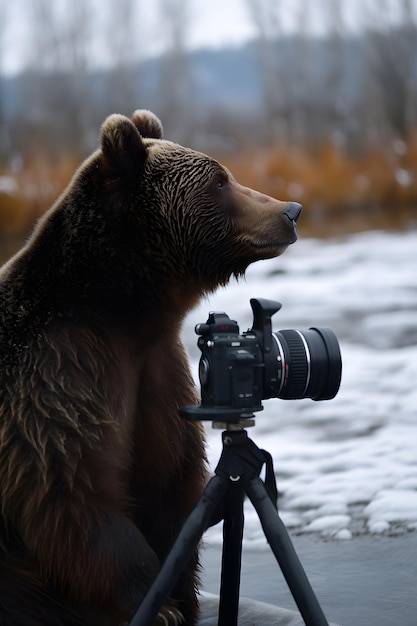 Un orso su un treppiede con sopra una macchina fotografica