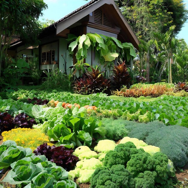 Un orto di verdure tra cui broccoli, cavolfiori e cavolfiori.