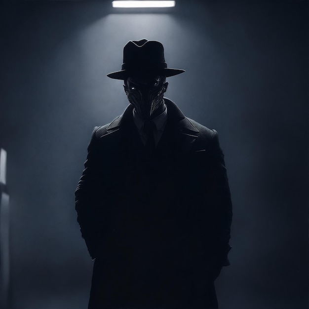Un'oscura figura mafiosa illuminata da un unico riflettore