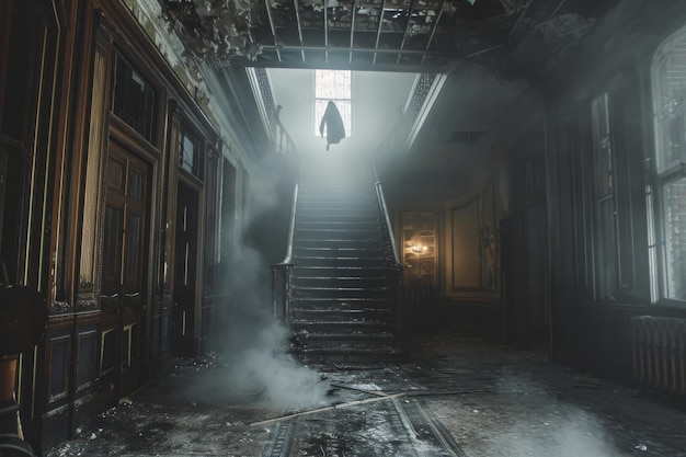 Un oscuro corridoio premonitorio pieno di fumo denso che crea un'atmosfera inquietante un fantasma dell'epoca vittoriana che puzzola in una villa abbandonata generata dall'IA