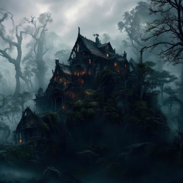 Un oscuro paesaggio fantasy con sopra una casa.