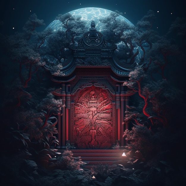 Un oscuro paesaggio fantasy con una porta rossa e la luna dietro.