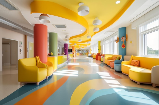 Un ospedale pediatrico con interni colorati e aree giochi strutture mediche IA generativa
