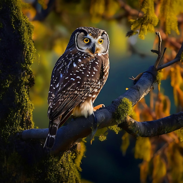 Un Owlbird è seduto su un ramo di un albero