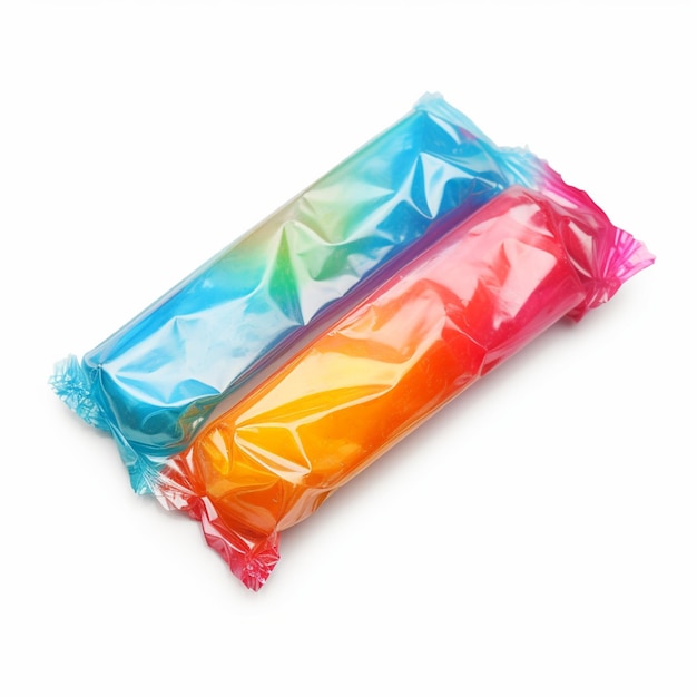 Un pacchetto di caramelle di plastica sullo sfondo semplice