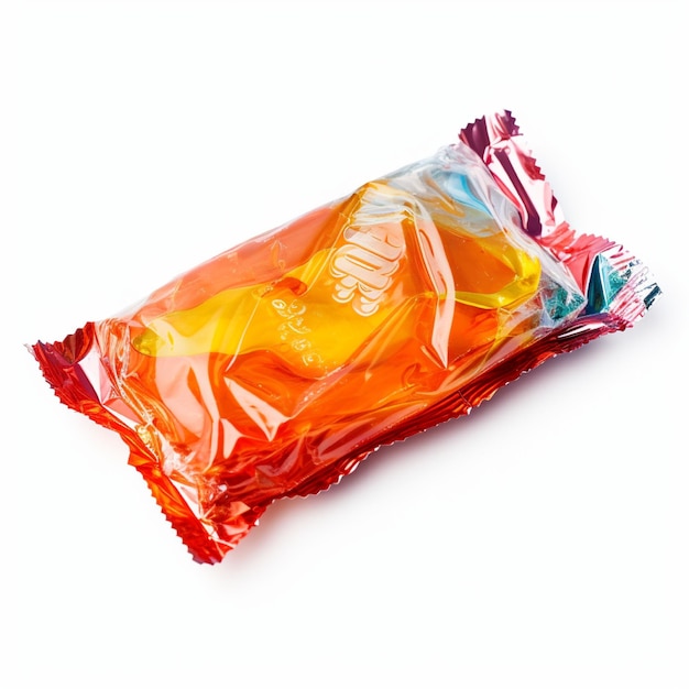 Un pacchetto di caramelle di plastica sullo sfondo semplice