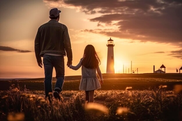 Un padre amorevole che cammina con sua figlia verso il faro al tramonto