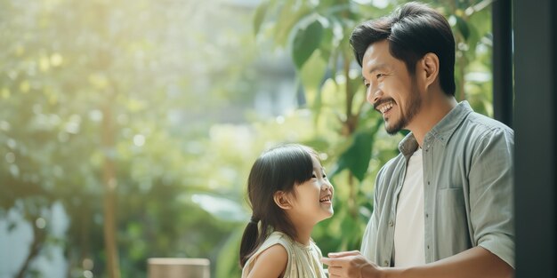 Un padre anziano sorridente con la barba corta parla a sua figlia con amore e cura