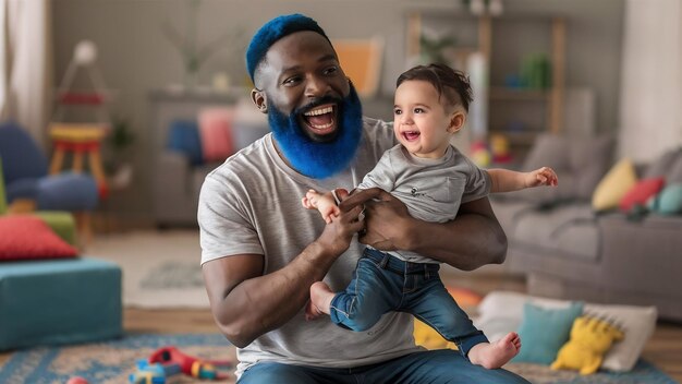 Un padre barbuto allegro che si diverte con il figlio piccolo.