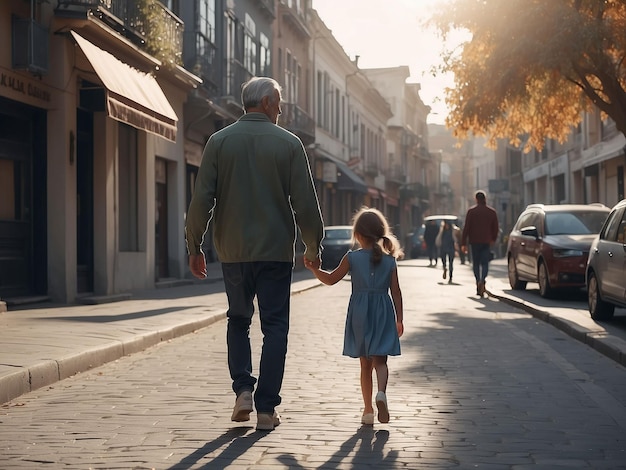 Un padre cammina per strada con sua figlia.