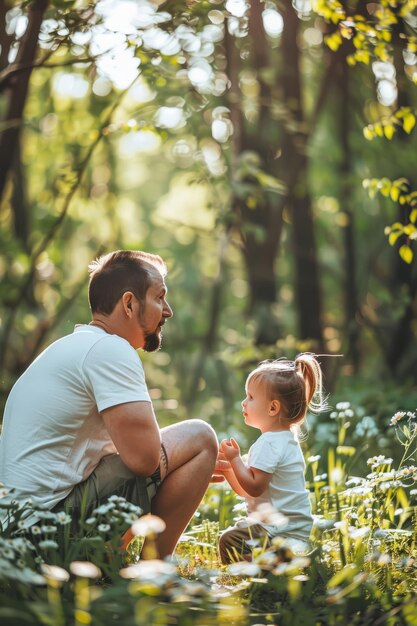 Un padre che guarda affettuosamente sua figlia nella natura primaverile concetto di Fathers Day