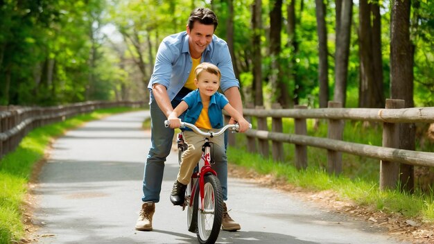 Un padre che insegna a suo figlio a andare in bicicletta