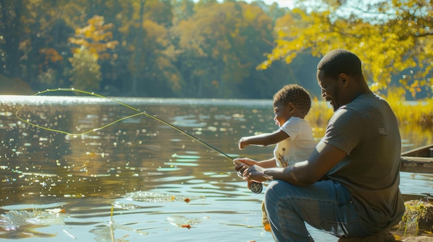 Un padre che insegna a suo figlio a pescare al lago