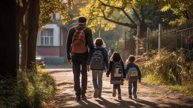 Un padre e i suoi figli studenti vanno a scuola