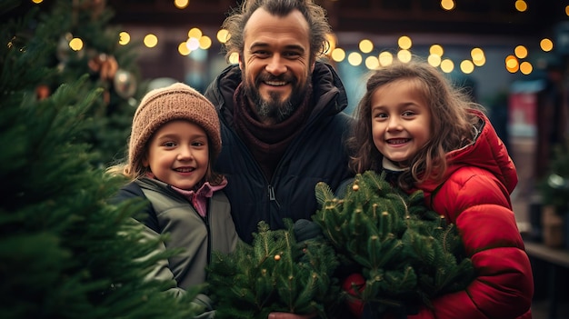 Un padre e le figlie allegri scelgono un albero di Natale al mercato