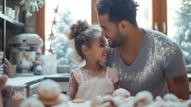 Un padre e sua figlia stanno cucinando i biscotti insieme in cucina, la farina sta polverizzando i loro vestiti.