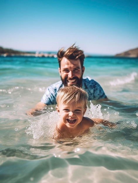 Un padre e suo figlio giocano sulla spiaggia sotto il sole splendente e l'acqua limpida