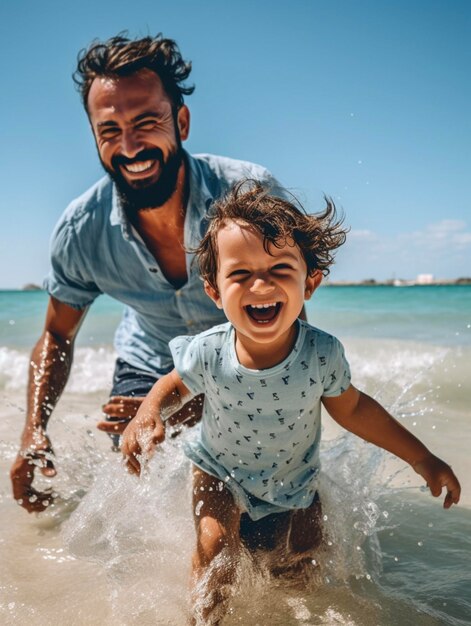 Un padre e suo figlio giocano sulla spiaggia sotto il sole splendente e l'acqua limpida