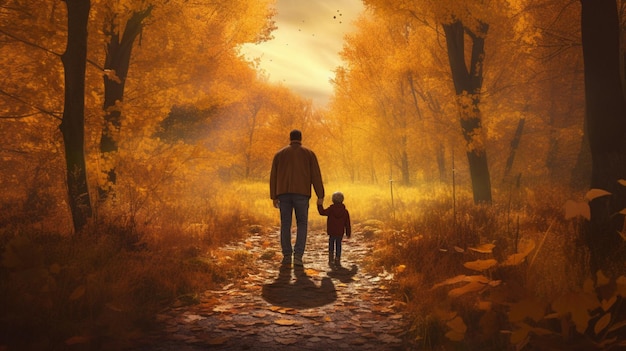Un padre e un figlio che camminano attraverso una foresta autunnale