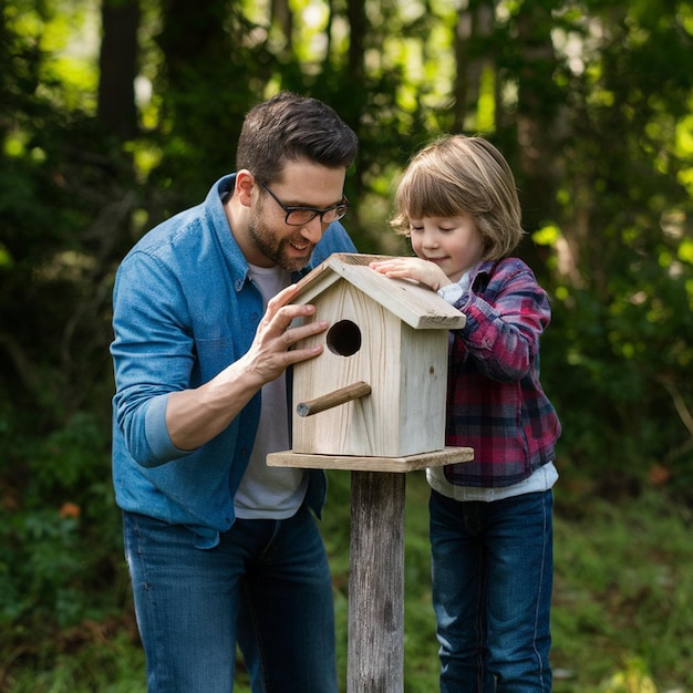 un padre e un figlio che costruiscono una casa per uccelli che simboleggia la creatività, la collaborazione e la gioia di lavorare