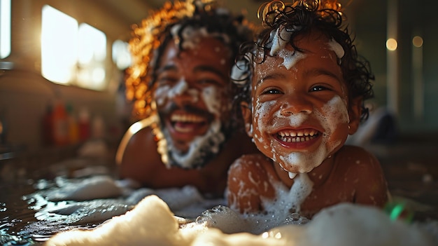 Un padre e un figlio che si uniscono e condividono la gioia del giorno del padre in bagno con la crema da rasare
