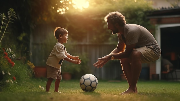 Un padre e un figlio giocano a calcio in giardino