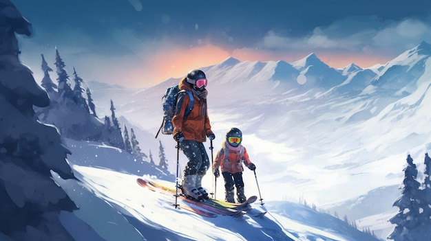 Un padre e un figlio sciano lungo i pendii innevati