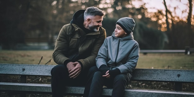 Un padre e un figlio seduti su una panchina del parco