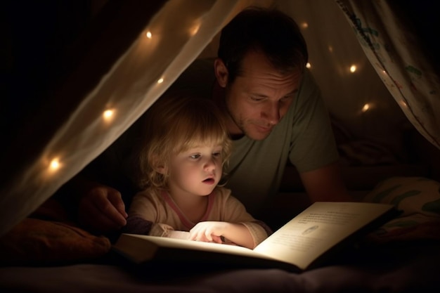 Un padre e una figlia che leggono un libro sotto una coperta con lucine