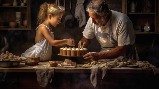 Un padre e una figlia che preparano una torta insieme