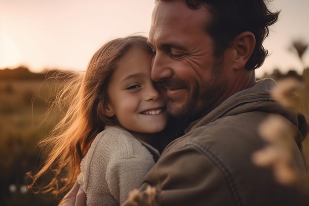 Un padre e una figlia si abbracciano in un campo di grano.